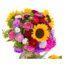 Autumn bouquet of multicolored asters and sunflowers